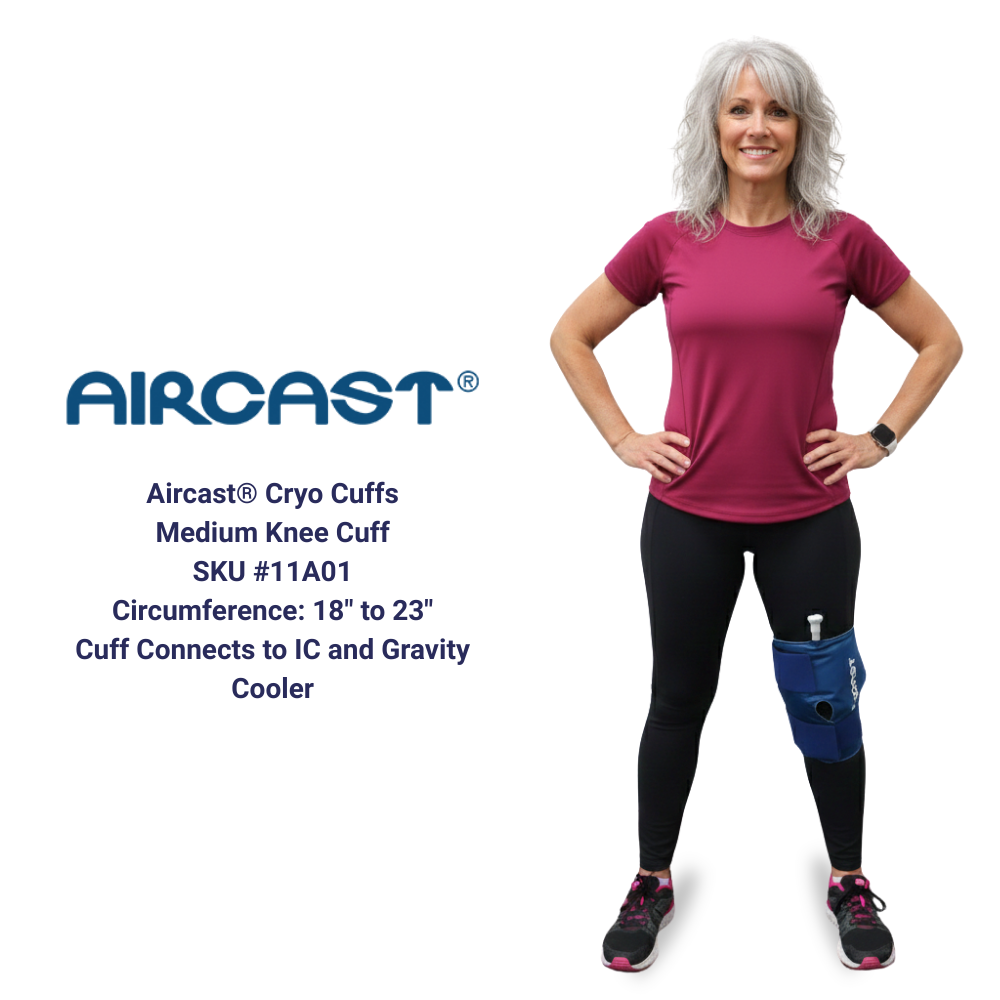 Aircast Cryo Cuffs medium knee cuff for cold therapy shown on woman's knee, Supply Cold Therapy product
