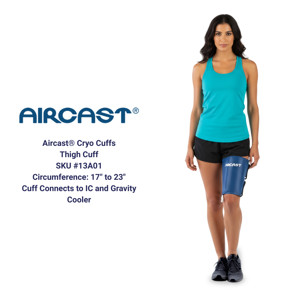 Aircast Cryo Cuff thigh cold therapy pad on woman's leg, Supply Cold Therapy product, SKU #13A01
