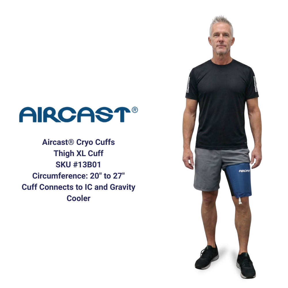 Aircast Cryo Thigh XL Cuff on model, cold therapy pad for thigh injury, Supply Cold Therapy