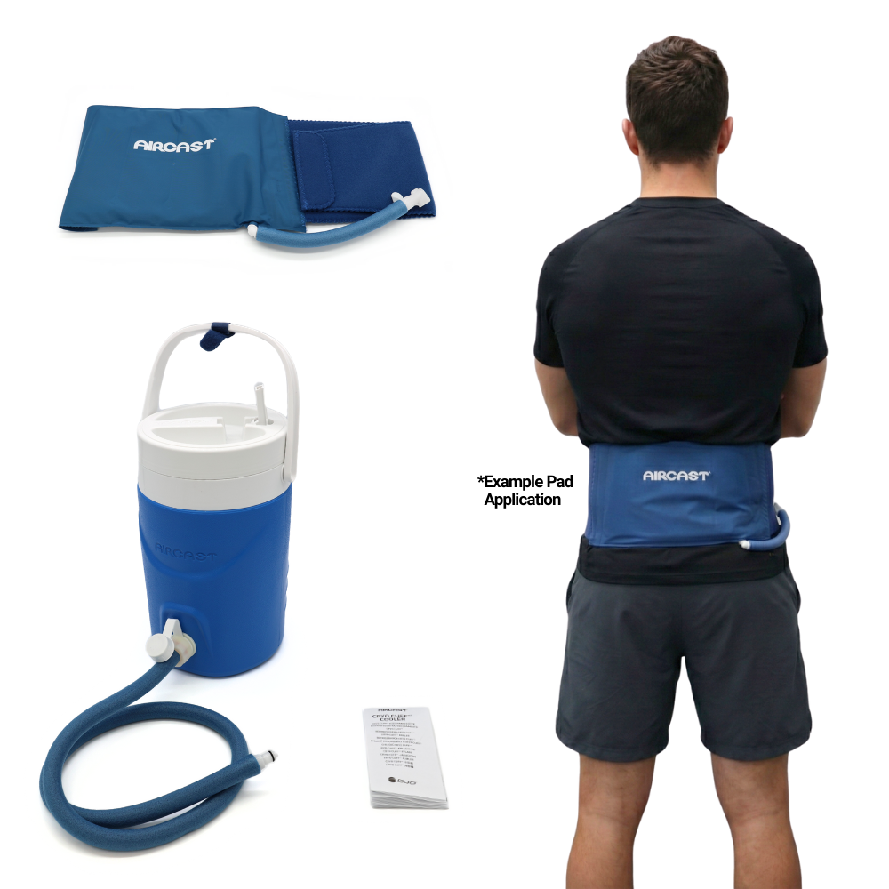 Aircast cold therapy device with pad, cooler, and back application example for hip or rib pain relief.