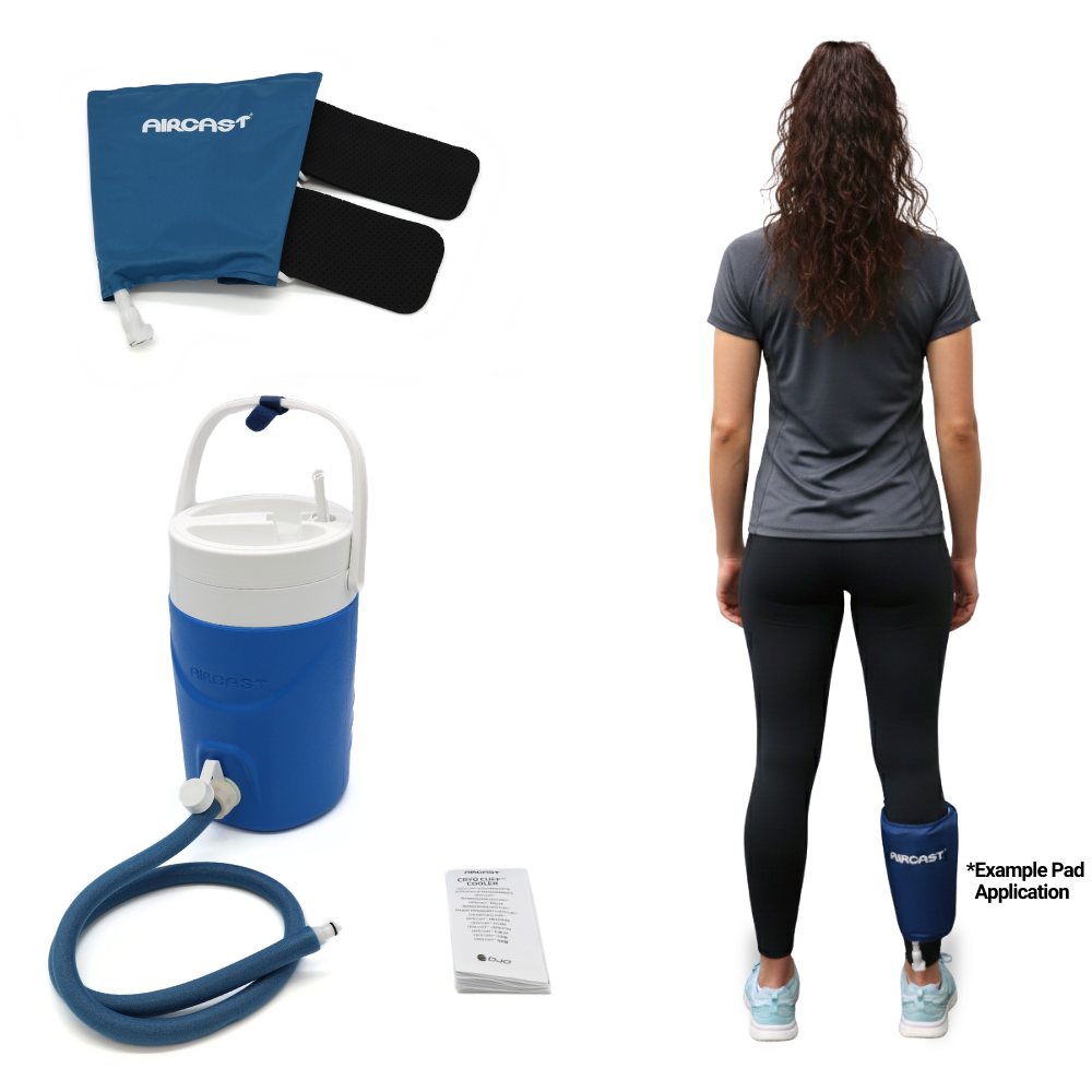 Aircast Gravity Calf cold therapy system with pad, cooler, hose, and model showing calf pad application from Supply Cold Therapy.