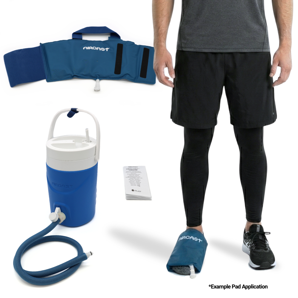 Aircast cold therapy system for foot, shown with cooler, pad, and example foot application