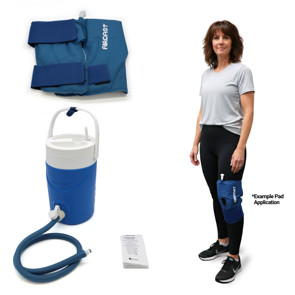 Aircast Gravity large knee cold therapy device with pad, cooler, and example knee application