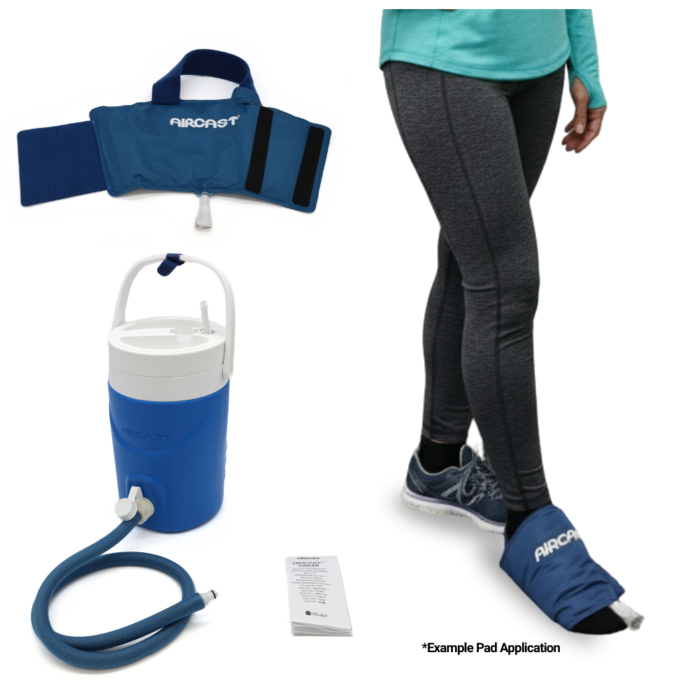 Aircast Gravity cold therapy device set with medium foot pad, hose, cooler, and foot application example