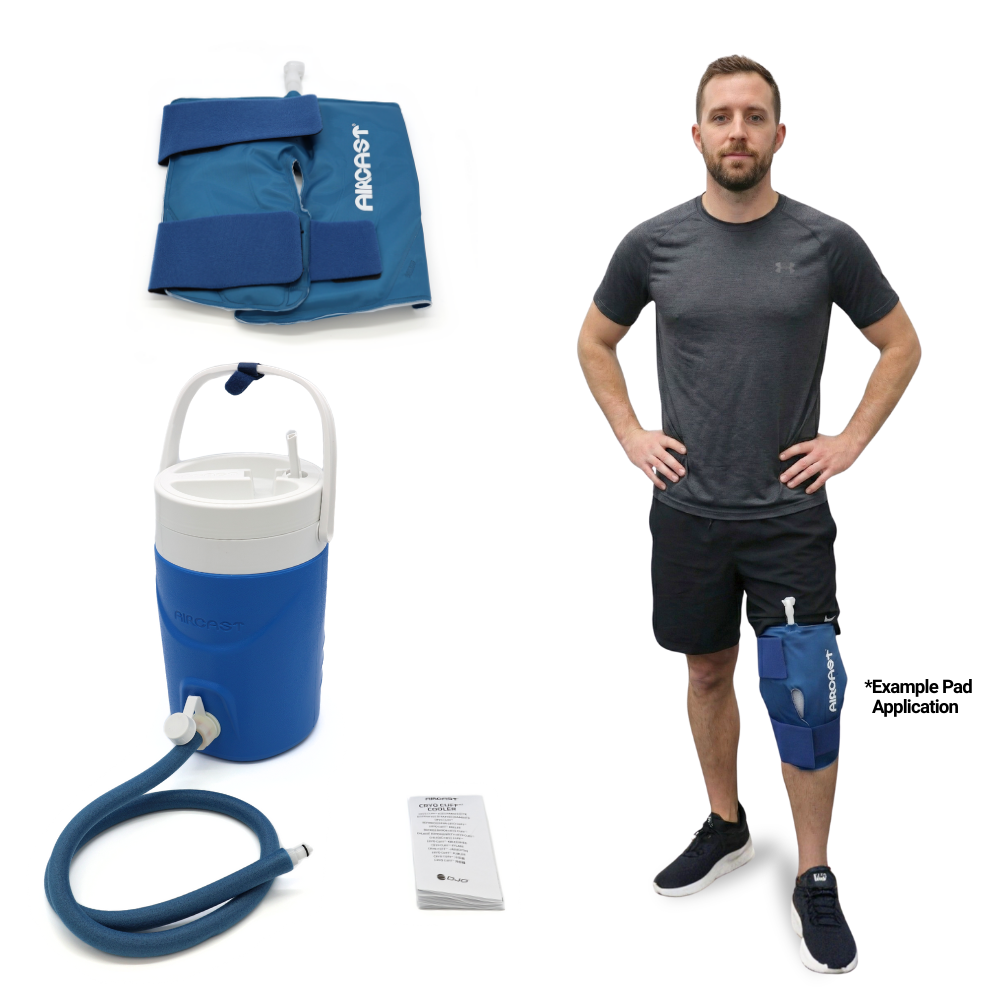 Aircast Gravity knee cold therapy system with blue wrap, cooler, hose, and example knee pad application