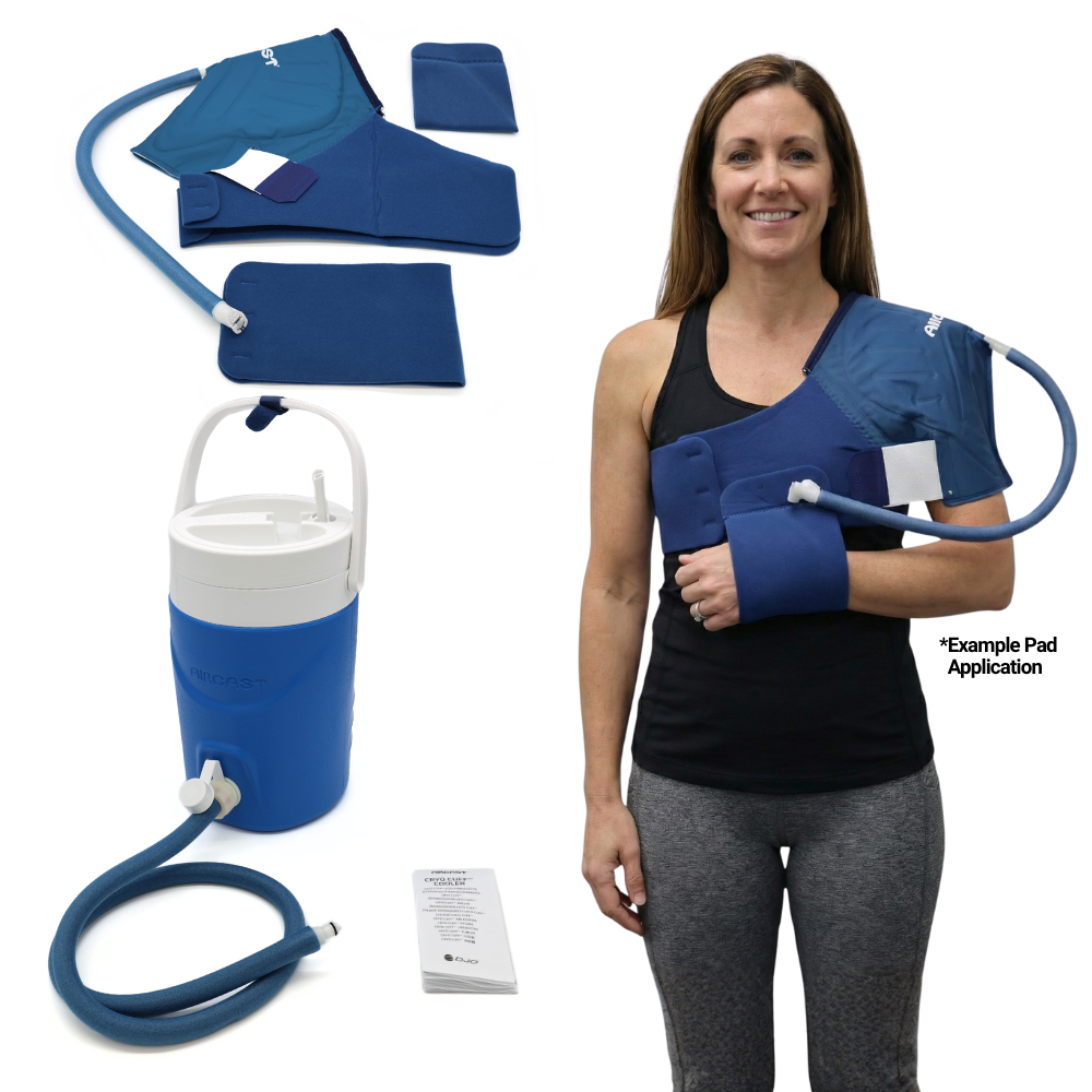 Aircast shoulder cold therapy device kit with pad, cooler, and pad shown on woman's shoulder for injury recovery