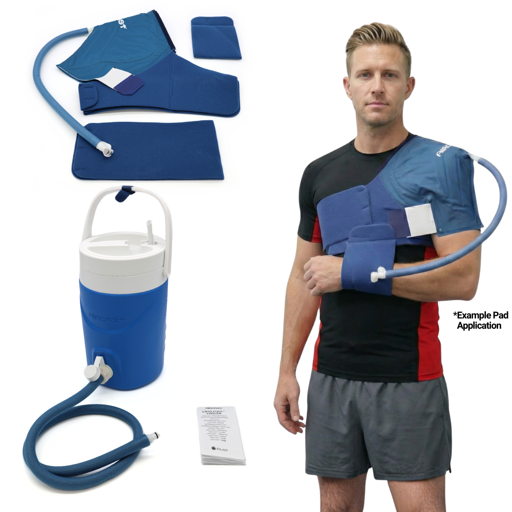 Aircast Gravity shoulder cold therapy device with XL strap, cold pad, blue cooler, and model demonstrating shoulder application from Supply Cold Therapy