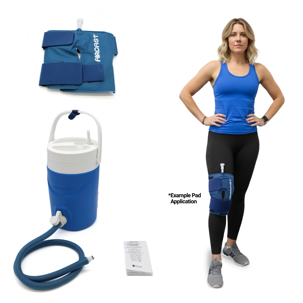 Aircast Gravity small knee cold therapy device with pad, hose, instruction manual, and example knee application shown on woman