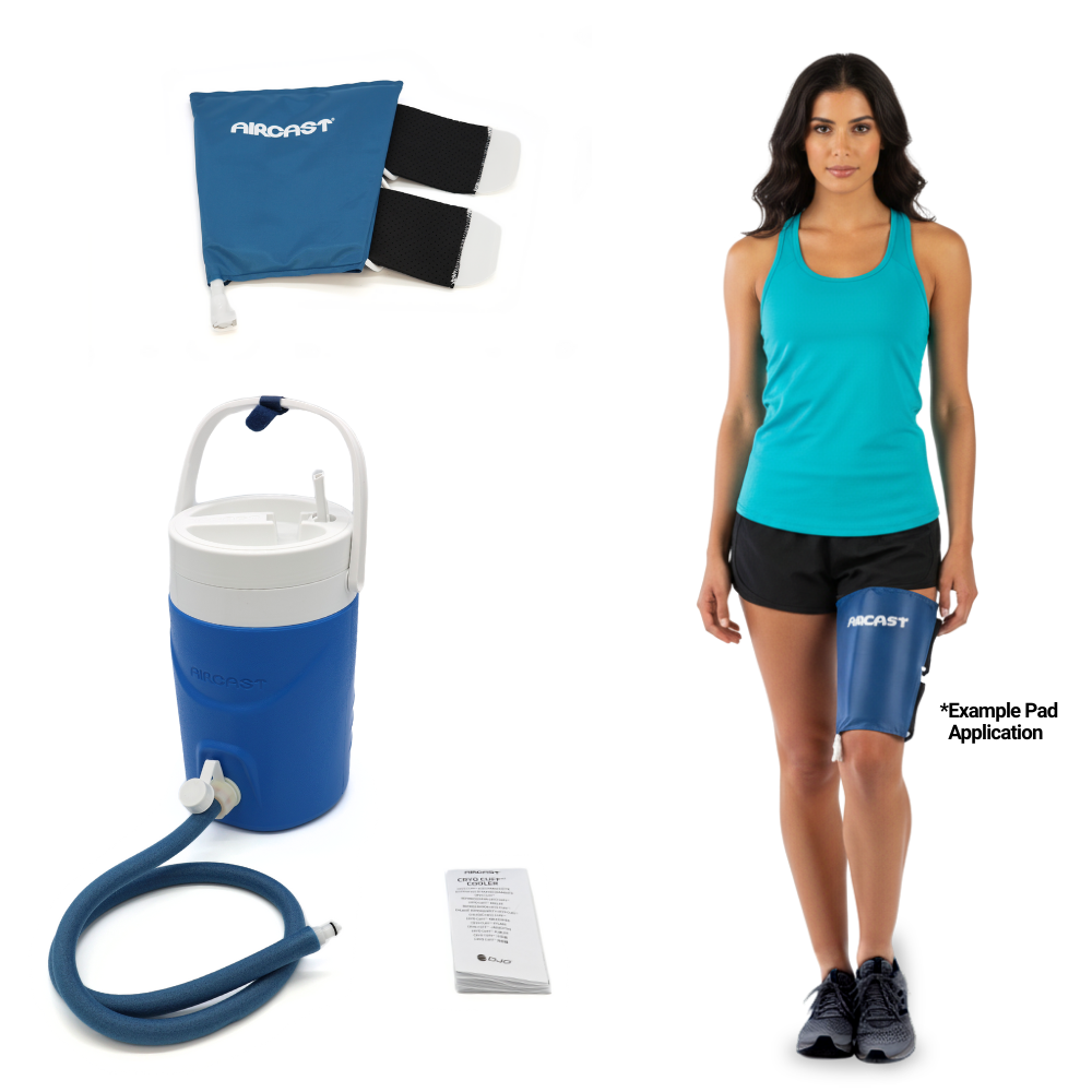 Aircast thigh cold therapy device kit with pad, cooler, hose, and example thigh application