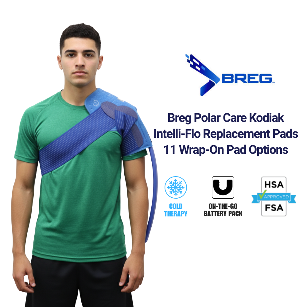 Man wearing Breg Kodiak Intelli-Flo shoulder cold therapy replacement pad, FSA HSA eligible.