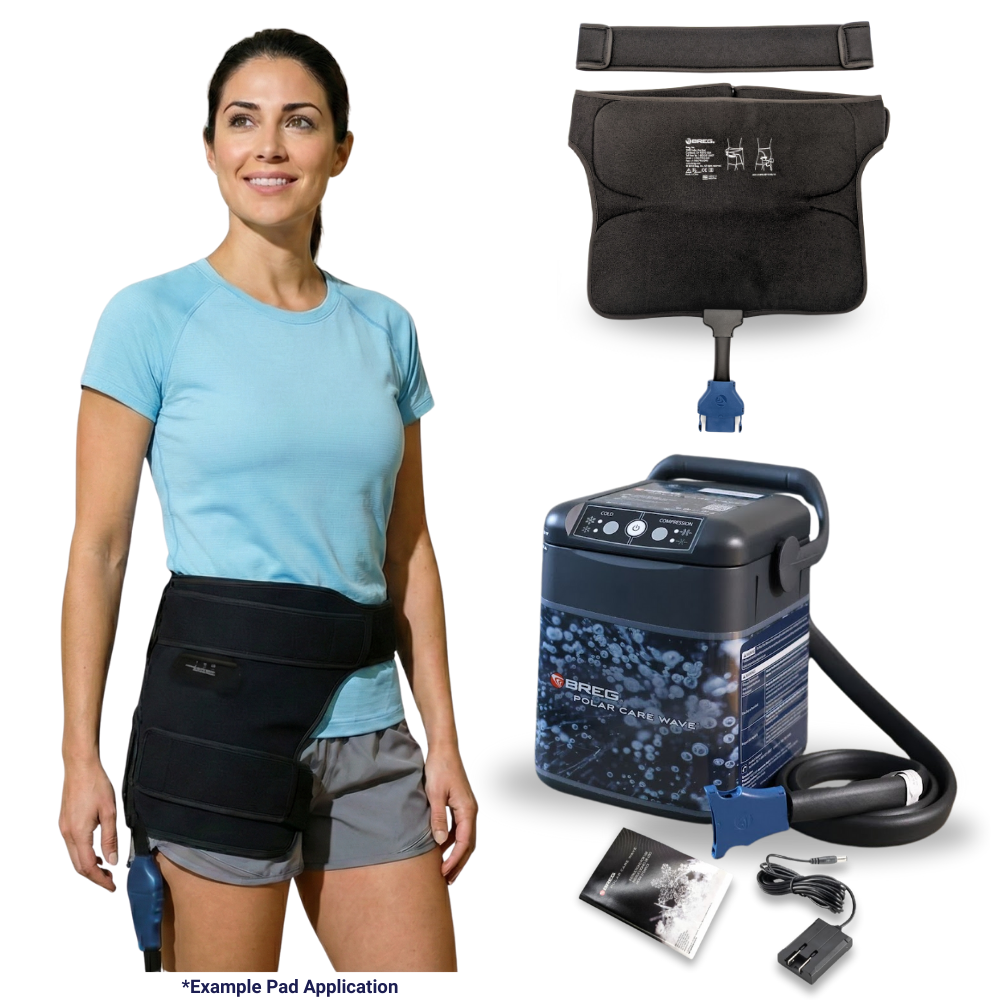 Breg Wave hip cold therapy device with pad shown on model and accessories, Supply Cold Therapy