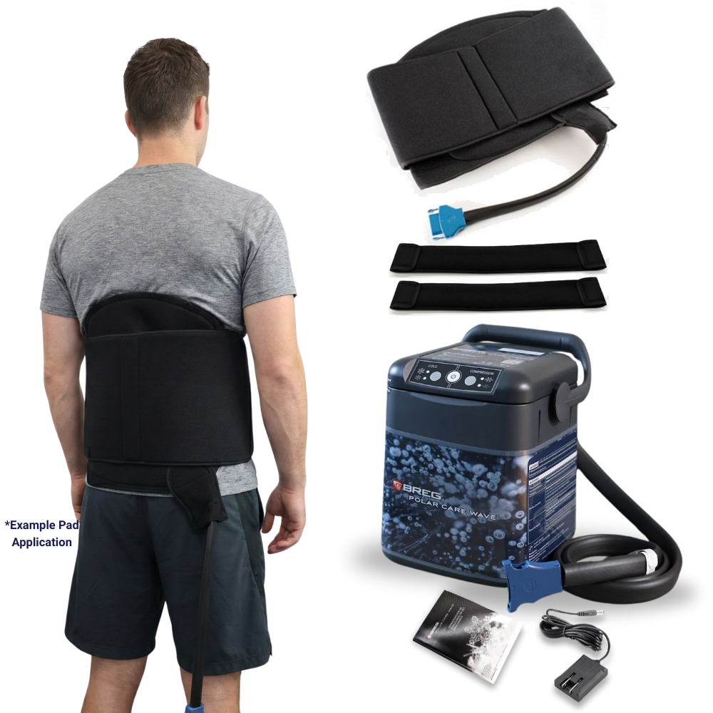 Breg Wave cold therapy device with back pad shown on person, replacement pad, and accessories.