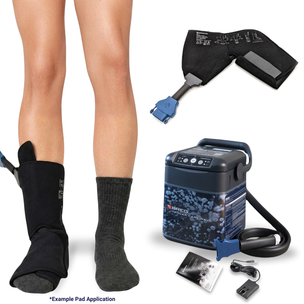 Breg Wave foot and ankle cold therapy pad applied to leg with cold therapy device kit.