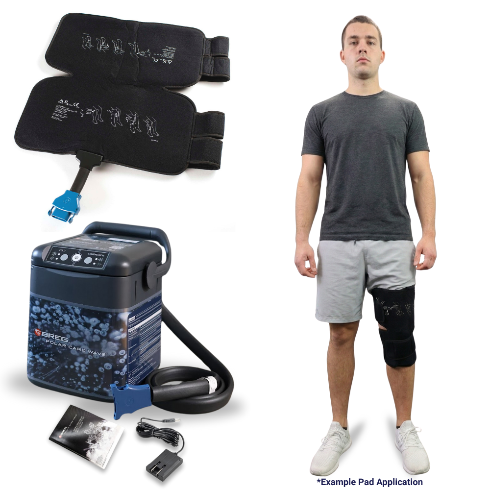 Breg Wave knee cold therapy device with pad, hose, and power supply, shown applied to knee