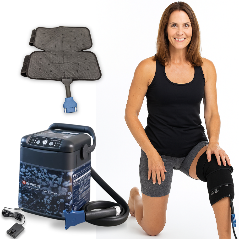 Woman using Breg Wave knee cold therapy pad and cooler for knee pain relief