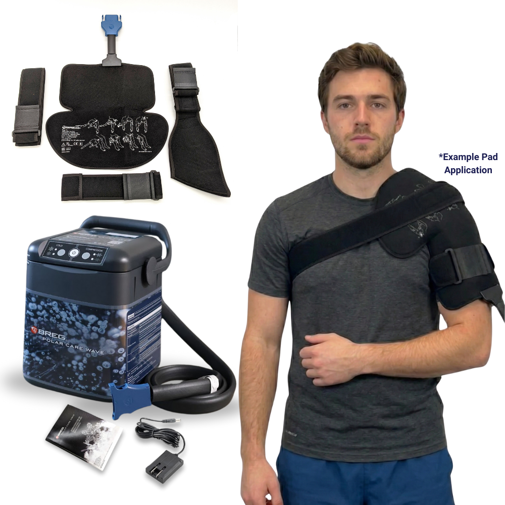 Breg Wave Universal Cold Therapy Device with pad, hoses, accessories, and pad applied to shoulder