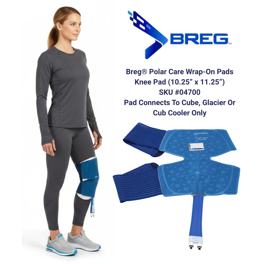 Breg Polar Care knee pad for cold therapy shown on model's leg and pad detail view, Supply Cold Therapy