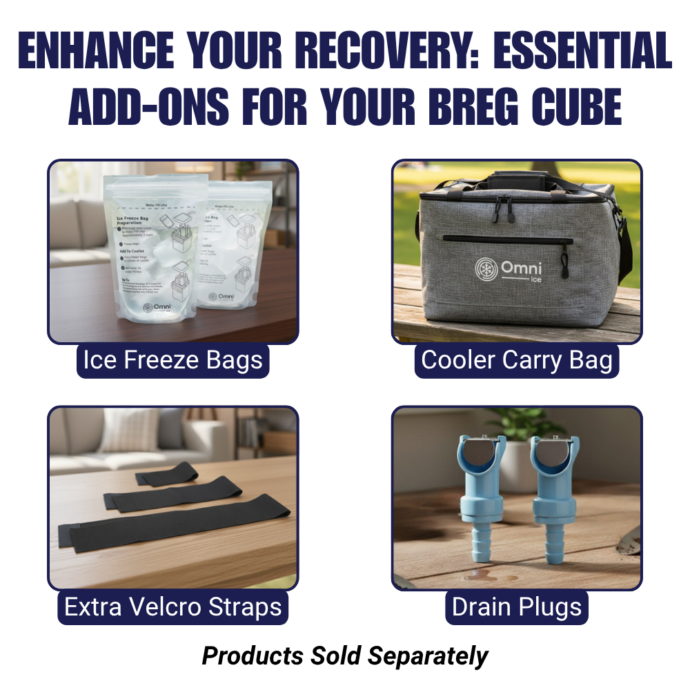Breg Cube cold therapy add-ons: ice freeze bags, carry bag, velcro straps, drain plugs