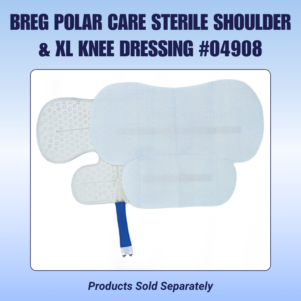 Breg Polar Care sterile shoulder and XL knee cold therapy dressing with blue hose attachment for injury recovery, Supply Cold Therapy.