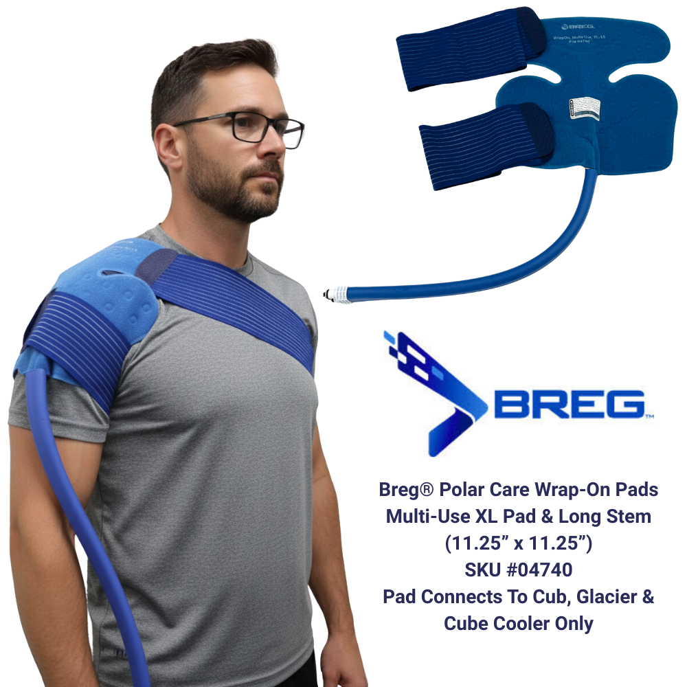 Man wearing Breg Polar Care XL cold therapy pad for shoulder, blue wrap, Supply Cold Therapy