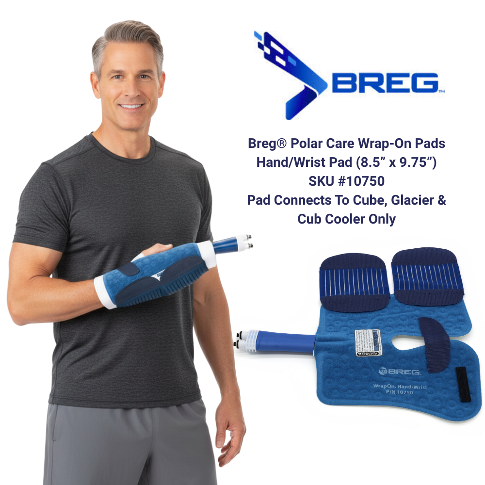 Breg Polar Care hand wrist cold therapy pad for Cube, Glacier, Cub cooler, shown on arm and flat.
