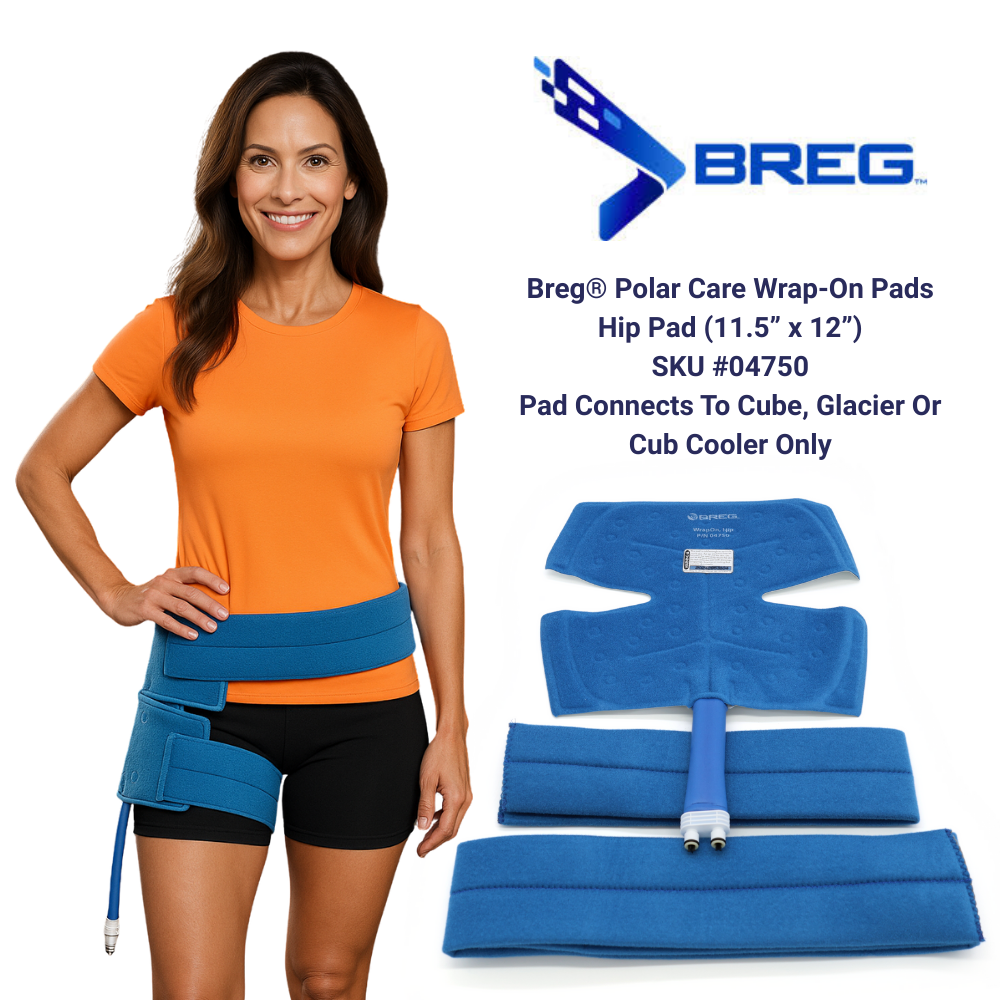 Breg Polar Care hip pad wrap-on for cold therapy, demo on woman, compatible with Cube, Glacier, Cub Cooler.