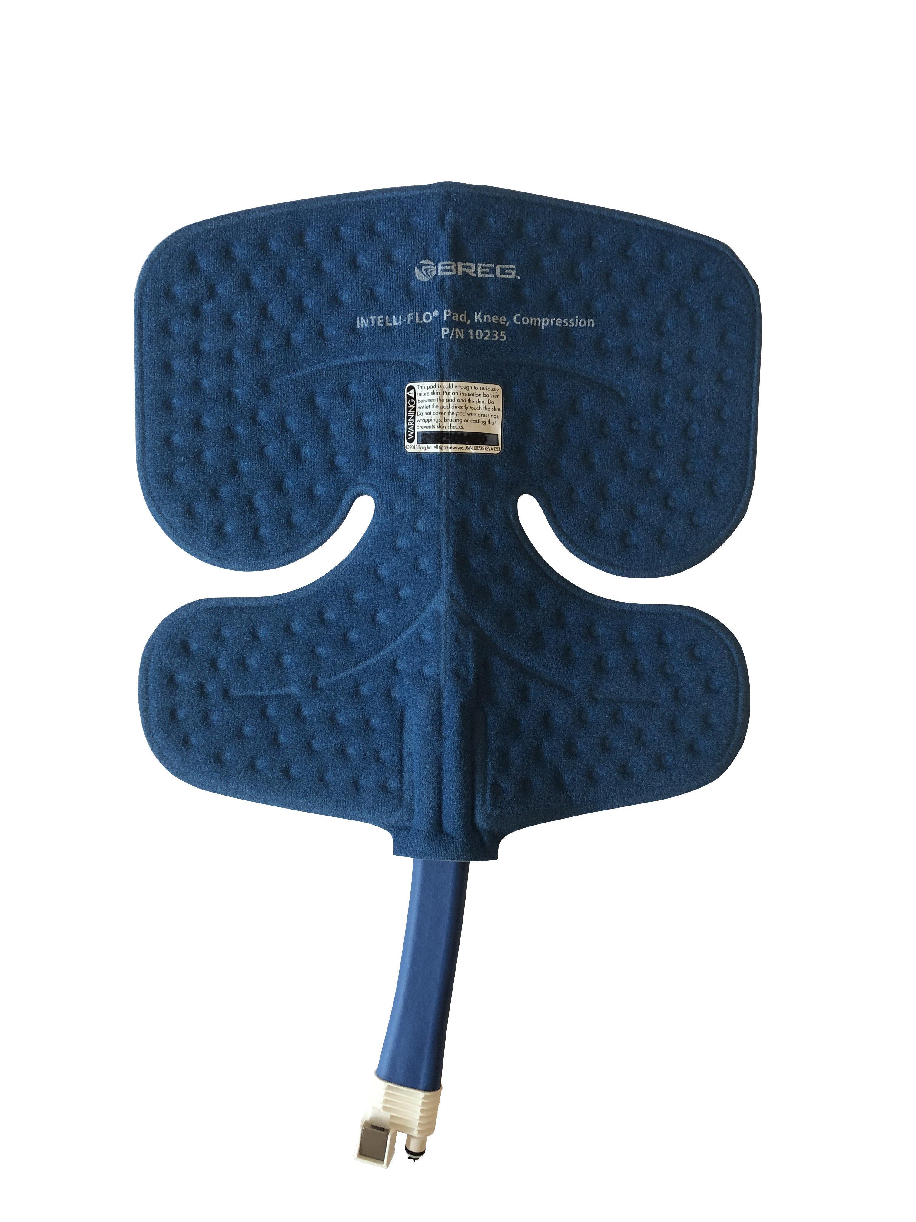 Breg Intelli-Flo knee compression cold therapy pad with connector, blue textured surface