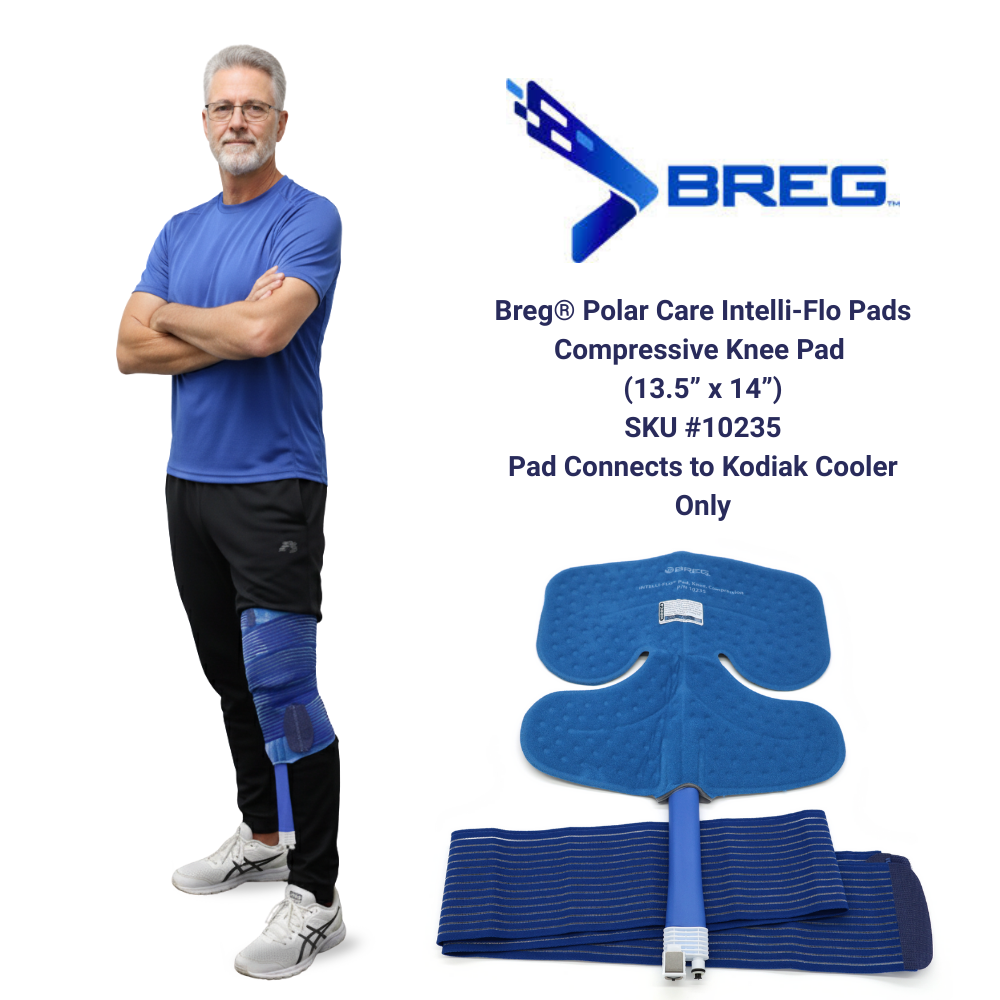 Breg Polar Care Intelli-Flo compressive knee pad for Kodiak cold therapy, shown on leg and flat with strap.