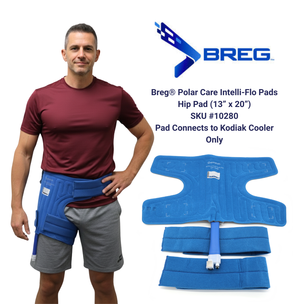 Breg Polar Care Intelli-Flo hip pad for Kodiak cold therapy, shown on model and laid flat.