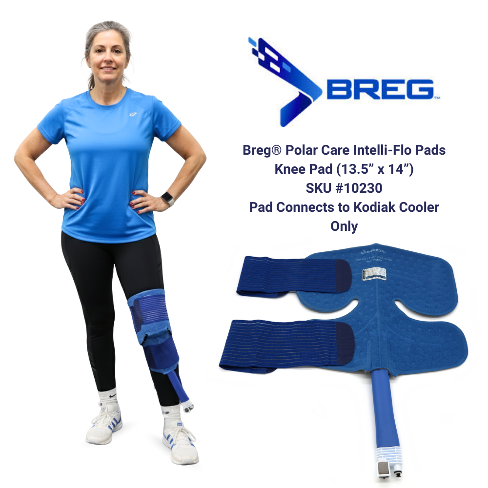 Breg Polar Care Intelli-Flo knee pad for Kodiak cooler, shown worn and flat, cold therapy accessory