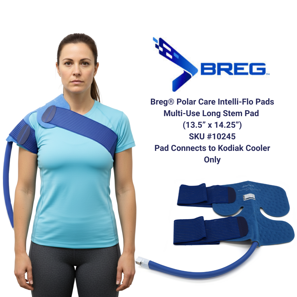 Breg Polar Care Intelli-Flo multi-use long stem cold therapy pad for Kodiak cooler, shown on shoulder, with product dimensions and branding, available at Supply Cold Therapy.