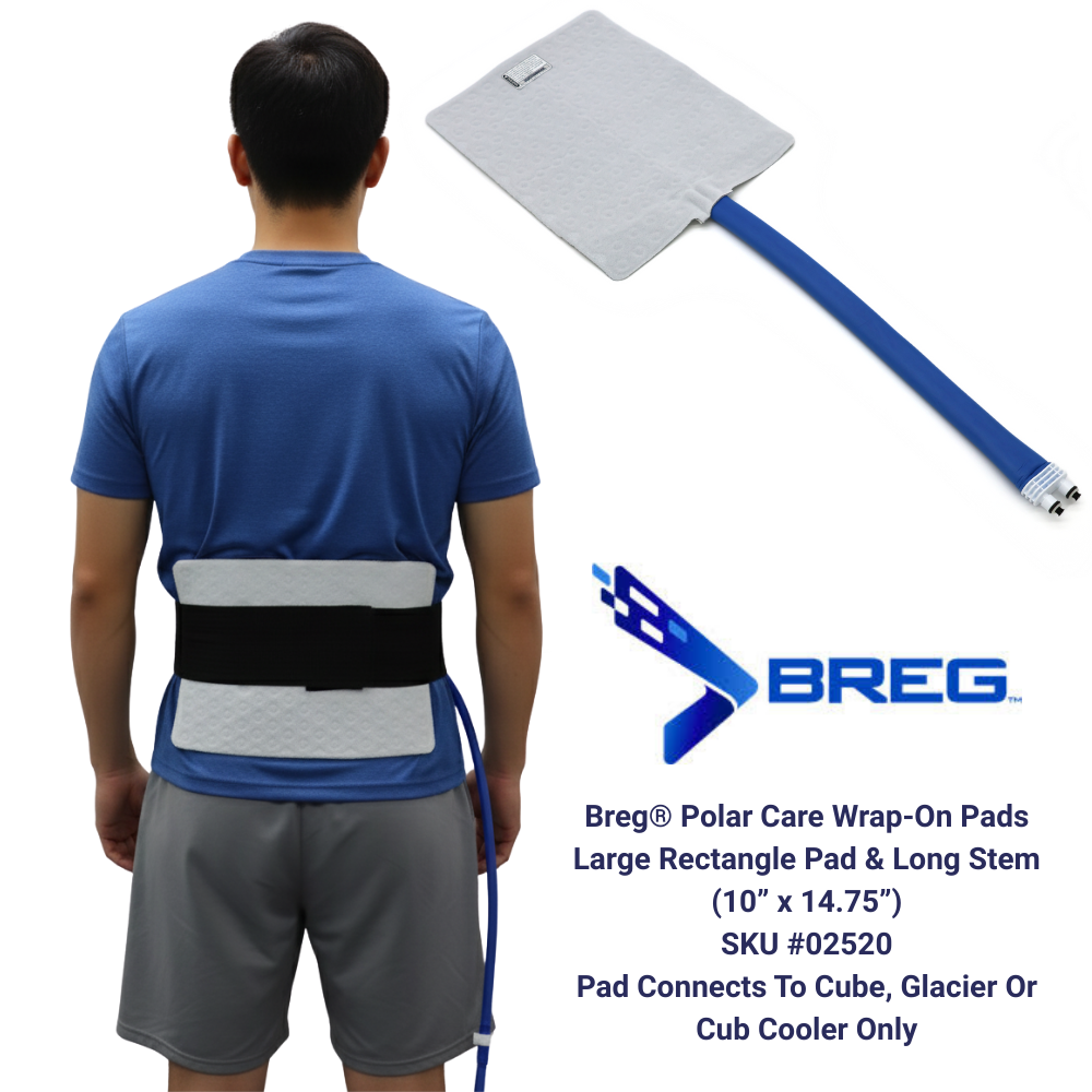 Breg Polar Care large rectangle cold therapy pad worn on lower back, with blue hose, Supply Cold Therapy