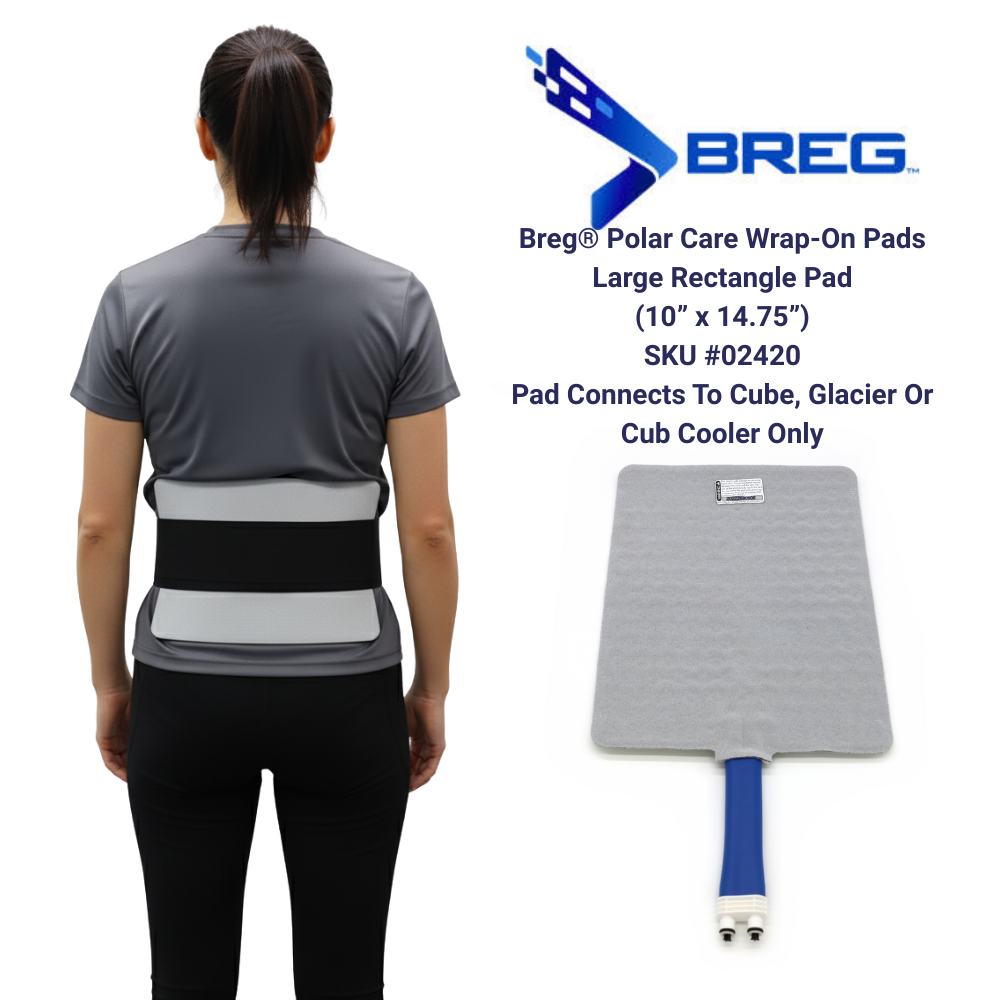 Breg Polar Care large rectangular cold therapy pad shown on back, replacement pad with connectors.