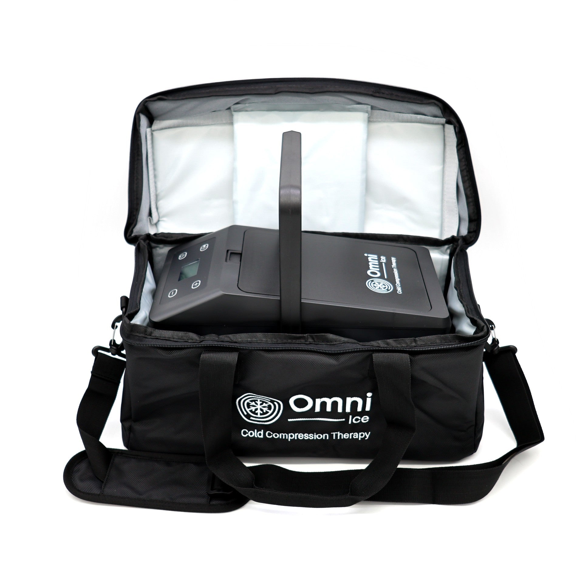 Omni Ice cold compression therapy carry bag with device inside, open and ready for use