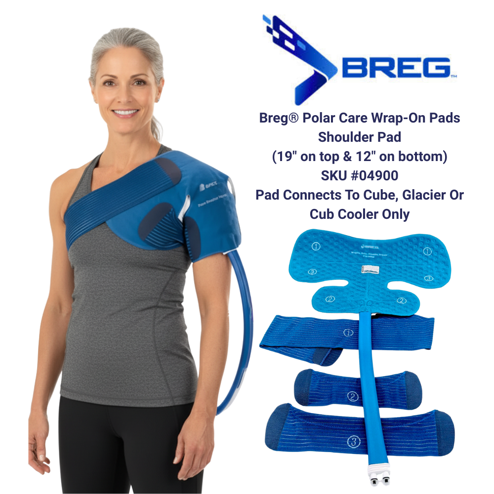 Breg Polar Care shoulder pad cold therapy wrap, worn by a woman, with pad and accessories shown.