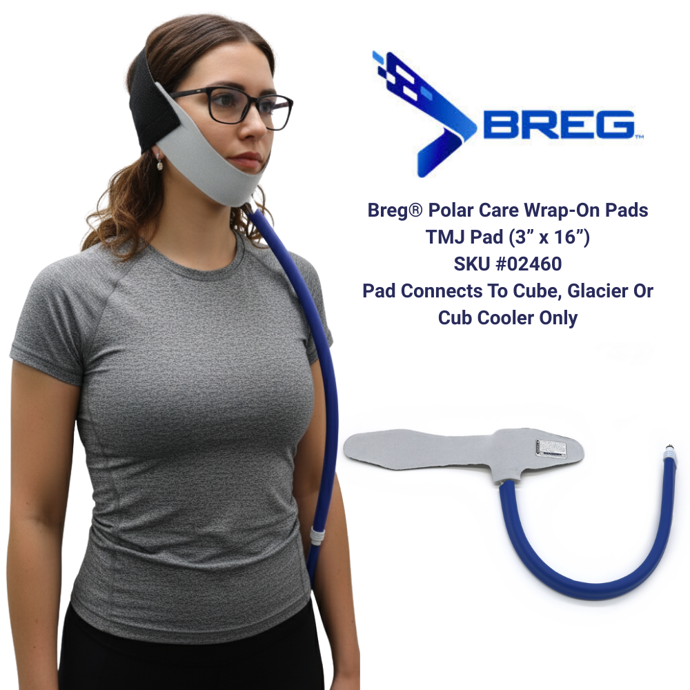 Breg Polar Care TMJ cold therapy pad demo on model, replacement pad for cold therapy device