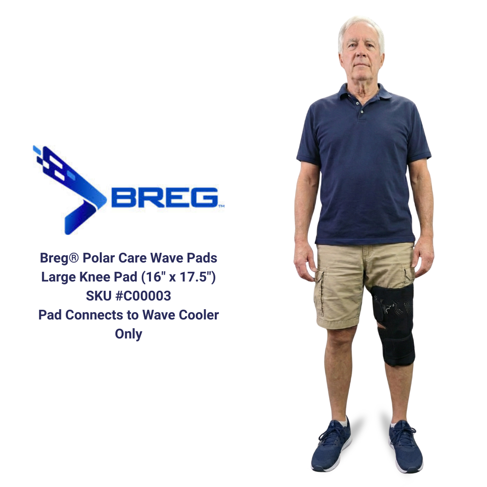 Breg Polar Care Wave large knee pad on man’s knee, cold therapy device demo, Supply Cold Therapy