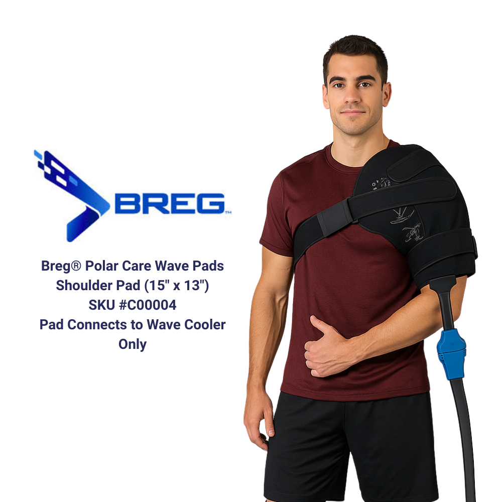 Man wearing Breg Polar Care Wave shoulder pad for cold therapy, pad connected to cooler