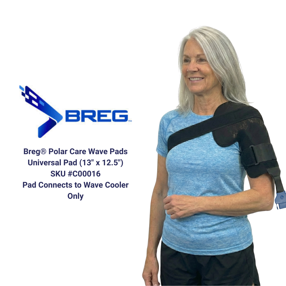 Woman wearing Breg Polar Care Wave Universal Pad for cold therapy shoulder treatment