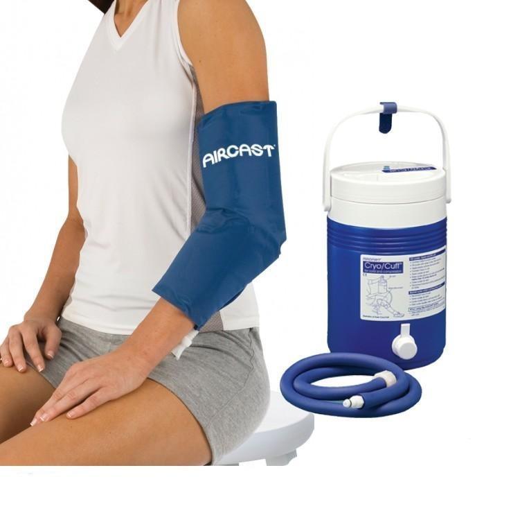 Aircast cold therapy device with Cryo Cuff on elbow, blue cooler and hose, Supply Cold Therapy