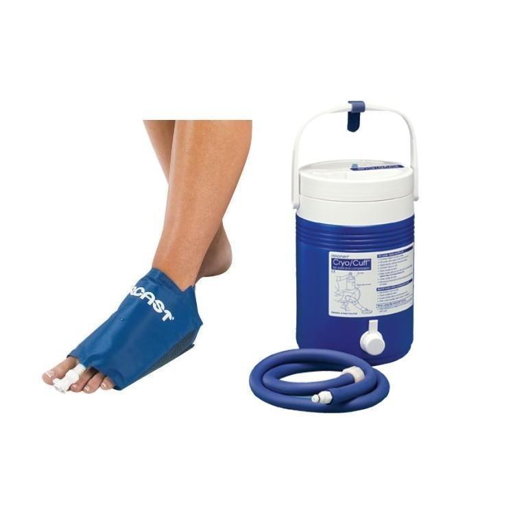 Aircast Gravity cooler system with blue Cryo Cuff foot pad for cold therapy, Supply Cold Therapy